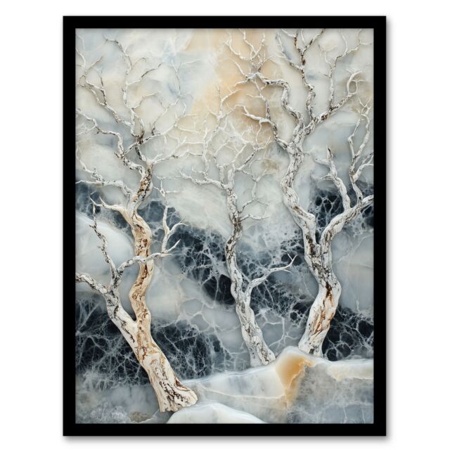 Artery8 Marble Winter Forest Snow Trees Art Framed Art Print in White - Size: A4 - image 1