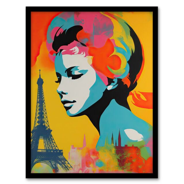 Artery8 Wall Art Print I Left My Heart In Paris Vibrant Painting Retro Woman Portrait With Eiffel Tower Cityscape Art Framed - Size: A4 - image 1
