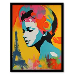 Artery8 Wall Art Print I Left My Heart In Paris Vibrant Painting Retro Woman Portrait With Eiffel Tower Cityscape Art Framed - Size: A4 - thumbnail 1