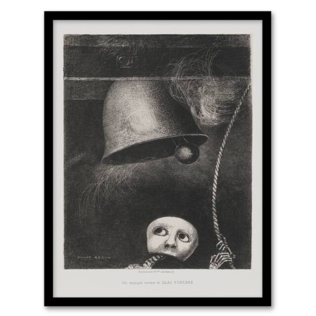 Artery8 Odilon Redon Framed Wall Art Print A Mask Tolls The Funeral Knell in Grey - Size: A4 - image 1