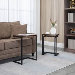 HOMCOM C-Shaped Nesting Tables Set of 3 with Steel Frame, Rustic Brown - Size: 3 Pack - thumbnail 1