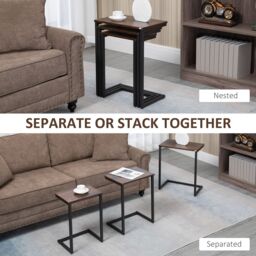 HOMCOM C-Shaped Nesting Tables Set of 3 with Steel Frame, Rustic Brown - Size: 3 Pack - thumbnail 4