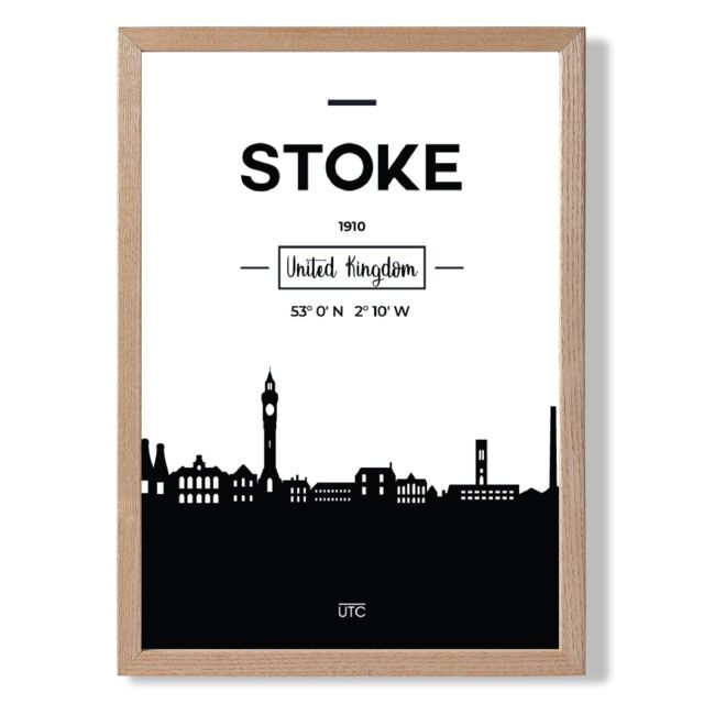 ARTZE Stoke Black & White City Skyline Framed Print SIZE: A3 with Oak Frame - Size: A4 - image 1