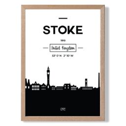 ARTZE Stoke Black & White City Skyline Framed Print SIZE: A3 with Oak Frame - Size: A4
