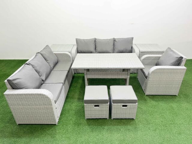 Fimous 9 Seater Poly Rattan Outdoor Garden Furniture Rectangular Dining Table Sofa Set Patio 3 Seater Sofa Reclining Chair 3 Seater Sofa Stools 2 - image 1