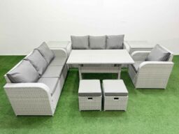 Fimous 9 Seater Poly Rattan Outdoor Garden Furniture Rectangular Dining Table Sofa Set Patio 3 Seater Sofa Reclining Chair 3 Seater Sofa Stools 2 - thumbnail 1