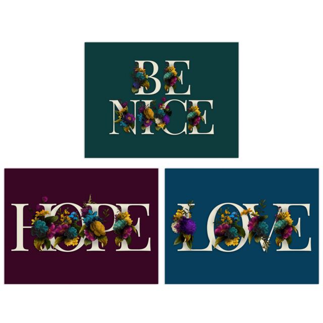 Artery8 Wall Art Print Pack of 3 A4 Be Nice Hope & Love Ocean Purple Blue Floral Blooms Typography Living Room s Set - image 1