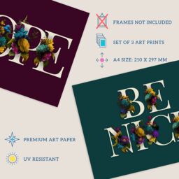 Artery8 Wall Art Print Pack of 3 A4 Be Nice Hope & Love Ocean Purple Blue Floral Blooms Typography Living Room s Set - thumbnail 4
