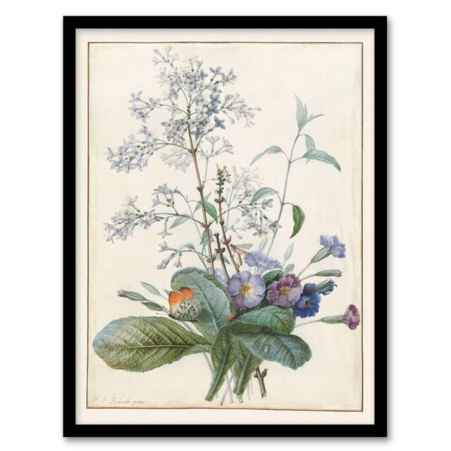 Artery8 Pierre Joseph Redoute Framed Wall Art Bouquet of Flowers with Insects in White - Size: A4 - image 1
