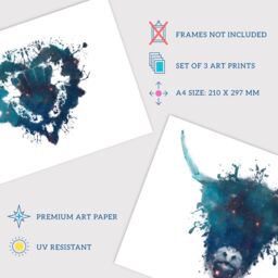 Artery8 Wall Art Print Pack of 3 A4 Ink Splat Thistle Heart Flower Hairy Coo Cow & Stag Celestial Space Scottish Painting Living Room s Set - thumbnail 4