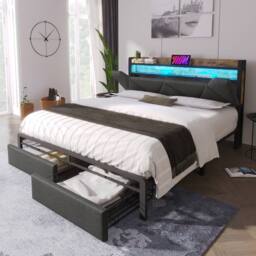 BTM LED Linen Bed with USB-C Charging & Storage Headboard in Grey - Size: Single - thumbnail 9