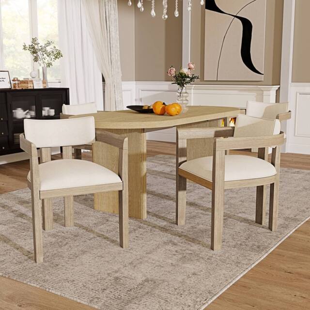 BTM Set of 2/4/6 Solid Wood Dining Chairs Upholstered in textured linen in Natural - Size: 4 Pack - image 1