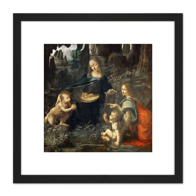 Artery8 Leonardo Da Vinci Virgin Of The Rocks Painting 8X8 Inch Square Wooden Framed Wall Art Print Picture with Mount in Black - image 1