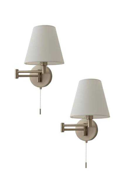 ValueLights Sonia Pair of Swing Arm Wall Lights with Taper Linen Shades & Bulbs in Metallic Silver - image 1