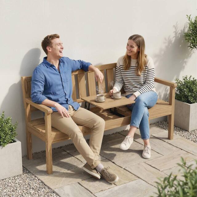 OUTSUNNY Wooden Garden Bench with Table & Hidden Shelf, Teak in Natural - image 1