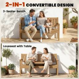 OUTSUNNY Wooden Garden Bench with Table & Hidden Shelf, Teak in Natural - thumbnail 4