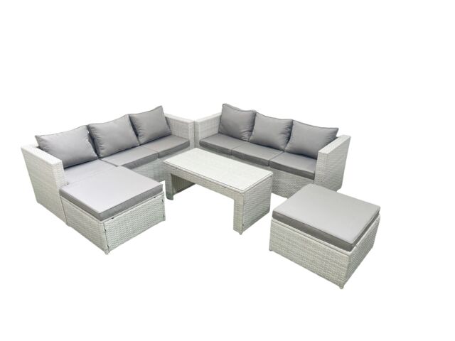 Fimous 8 Seater Garden Outdoor Rattan Furniture Set Rattan Garden Sofa Oblong Coffee Table with 2 Big Footstools Light Grey Mixed - image 1