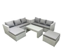 Fimous 8 Seater Garden Outdoor Rattan Furniture Set Rattan Garden Sofa Oblong Coffee Table with 2 Big Footstools Light Grey Mixed - thumbnail 2