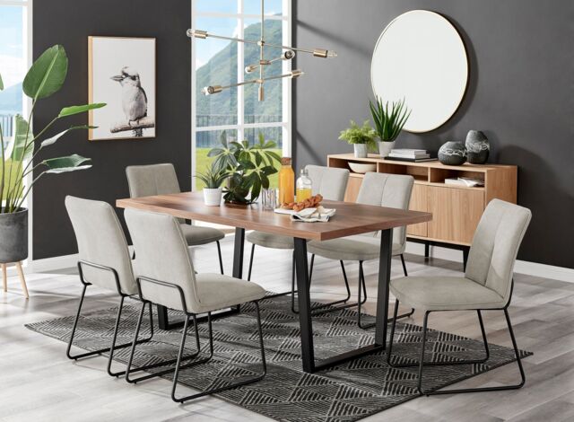 FurnitureboxUK Kylo Large Brown Wood Effect Dining Table & 6 Cream Halleyy Fabric Chairs in Taupe - image 1