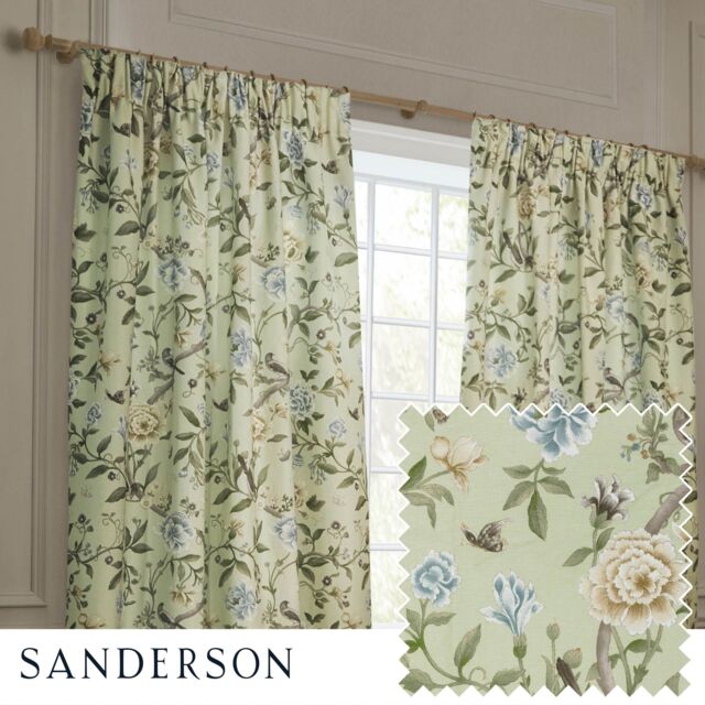 Sanderson Porcelain Garden Printed Chenille Room Darkening Pencil Pleat Curtains in Light Green - Size: 229 cm width x 183 cm drop - image 1