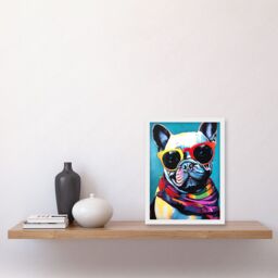 Artery8 French Bulldog in Sunglasses & Bandana Folk Art Artwork Framed Wall Art Print A4 in White - thumbnail 2