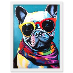 Artery8 French Bulldog in Sunglasses & Bandana Folk Art Artwork Framed Wall Art Print A4 in White - thumbnail 1