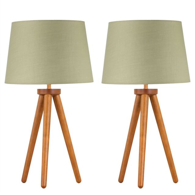 First Choice Lighting Set of 2 Dark Oak Table Lamp or Bedside Lights with Sage Green Shades in Brown - image 1