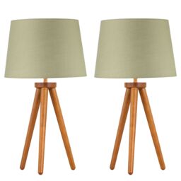 First Choice Lighting Set of 2 Dark Oak Table Lamp or Bedside Lights with Sage Green Shades in Brown - thumbnail 1