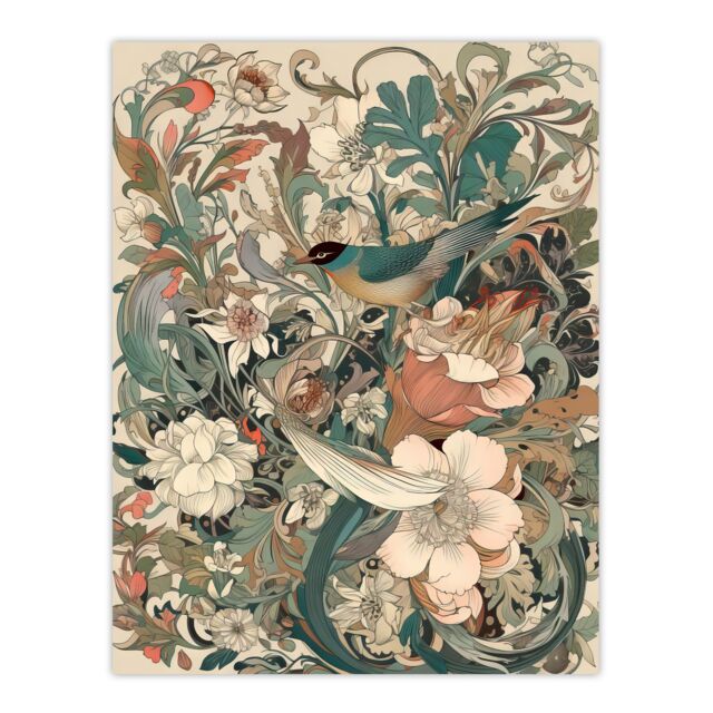 Artery8 Wall Art Print A Bird In An Abstract Oasis Of Delicate Flowers Pastel Colour Painting Teal White Pink Wildflower Spring Blooms Poster - image 1