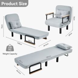 MCC Direct 4 in 1 Folding Single Sofa Bed Convertible Lounge Sleeper Chair with Adjustable Backrest & Large Cushion Grey in Light Grey - thumbnail 6