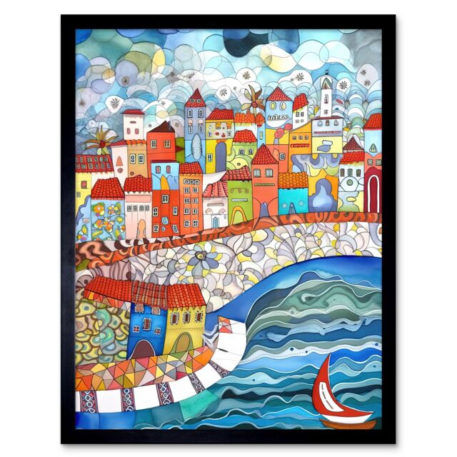 "Artery8 Wall Art Print Burano Italy Seaside Town Folk Art Framed in Black - Size: W12"" x H16""" - image 1
