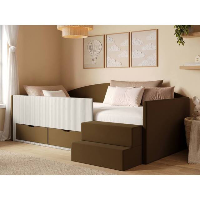 Flair Elisa Velvet Storage Low Sleeper Bed with Beige Cord in Brown - Size: Single - image 1