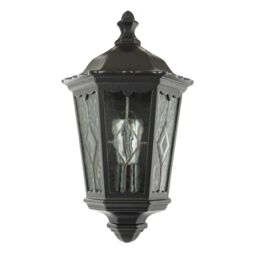 Happy Homewares Traditional Black Half Lantern Outdoor Wall Lamp with Cathedral Textured Glass - thumbnail 1