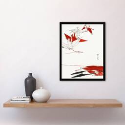 Artery8 Watanabe Seitei Framed Wall Art Print Bird Origami Crane Kachoga in Red - Size: A4 - thumbnail 2
