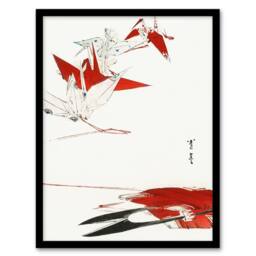 Artery8 Watanabe Seitei Framed Wall Art Print Bird Origami Crane Kachoga in Red - Size: A4 - thumbnail 1
