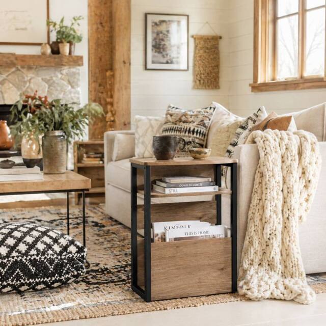 Wyld Haus Neleke Walnut Brown Wood Effect Side Table with Black Metal Frame - image 1