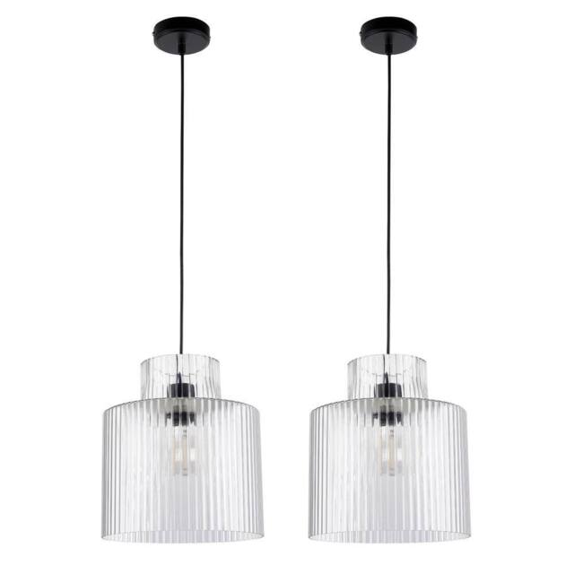 First Choice Lighting Set of 2 Portland - Matt Black Clear Ribbed Glass Ceiling Pendants - image 1