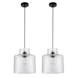 First Choice Lighting Set of 2 Portland - Matt Black Clear Ribbed Glass Ceiling Pendants