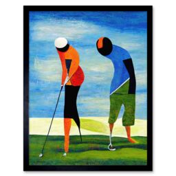 "Artery8 Wall Art Print Abstract Surreal Modern Golf Golfing Couple Playing Art Framed in Black - Size: W12"" x H16""" - thumbnail 1