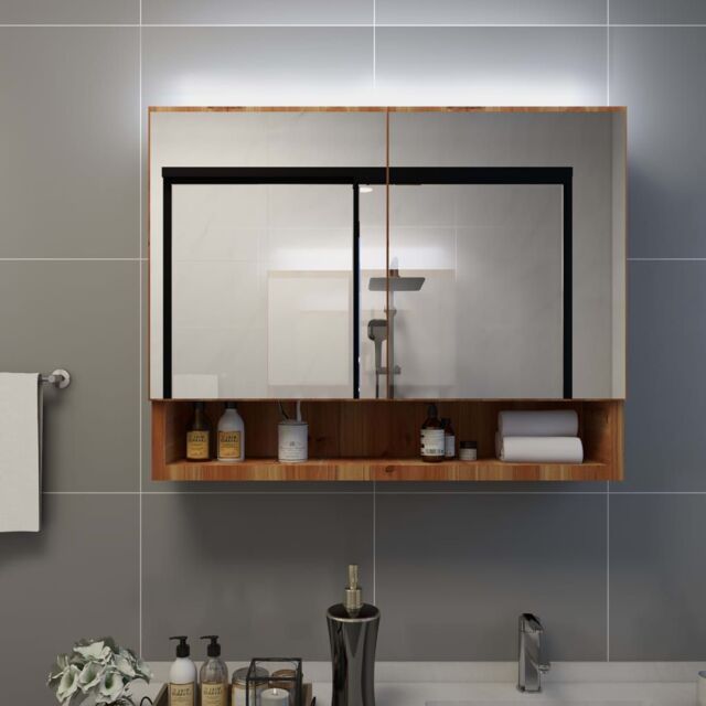 Berkfield Home LED Bathroom Mirror Cabinet Oak 80x15x60 cm MDF in Brown - Size: 80 x 15 x 60 cm - image 1