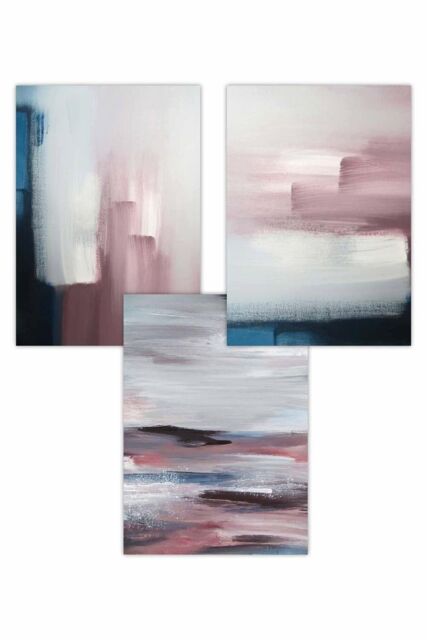 ARTZE Set of 3 Abstract Navy Blue Grey Blush Pink Oil Art Posters - Size: W50 cm x H70 cm - image 1