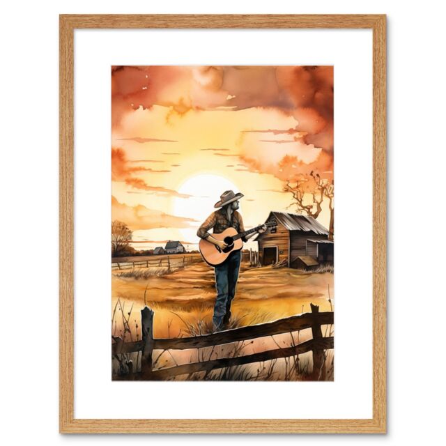 Artery8 Wall Art Print Man Playing Country Music Guitar in Countryside Farm on Sunset Modern Watercolour Painting Artwork Framed 9X7 Inch - image 1