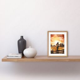 Artery8 Wall Art Print Man Playing Country Music Guitar in Countryside Farm on Sunset Modern Watercolour Painting Artwork Framed 9X7 Inch - thumbnail 2