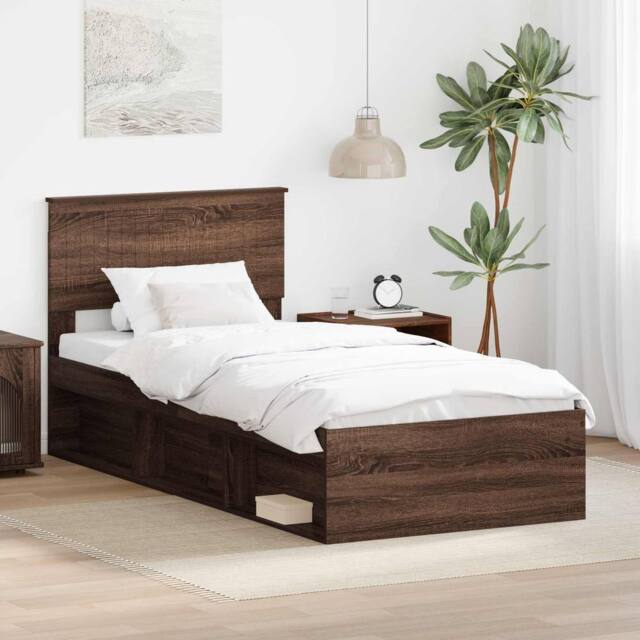 Berkfield Home Bed Frame with Headboard Brown Oak 90 x 200 cm Solid Pine Wood - image 1
