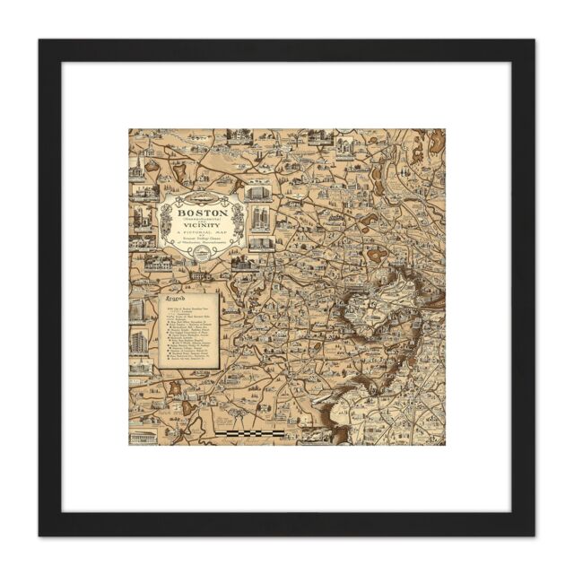 Artery8 1938 Ernest Dudley Chase Map Boston Massachusetts 8X8 Inch Square Wooden Framed Wall Art Print Picture with Mount in Black - image 1