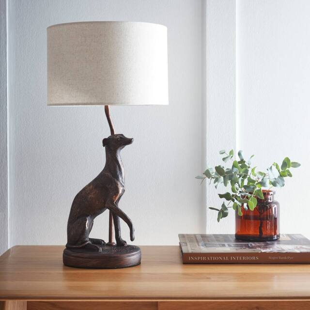 K LIVING Greyhound Red Copper Resin Table Lamp with Linen Shade in Bronze - image 1