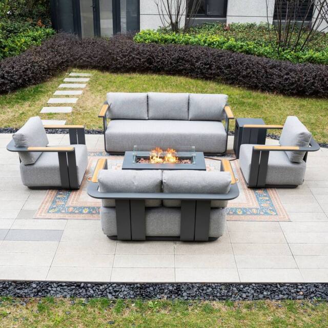 MIMO 7-Seater Garden Aluminum Teak Armrest Sofa Set with Iron Firepit Table in Grey - Size: 1 Pack - image 1