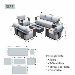 MIMO 7-Seater Garden Aluminum Teak Armrest Sofa Set with Iron Firepit Table in Grey - Size: 1 Pack - thumbnail 9