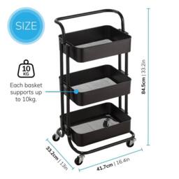 VOGREX Black 3-Tier Wheeled Storage Cart Multi-scene Organiser - thumbnail 2