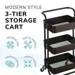 VOGREX Black 3-Tier Wheeled Storage Cart Multi-scene Organiser - thumbnail 4
